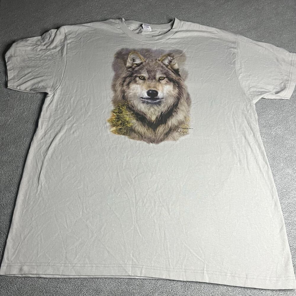 Y2K Optima Heavy Weight Wolf Graphic T-Shirt Gray Size XL Nature Tee B396